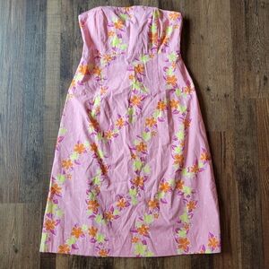 Vintage Lily Pulitzer Pink Orange Yellow Floral Print Strapless Dress